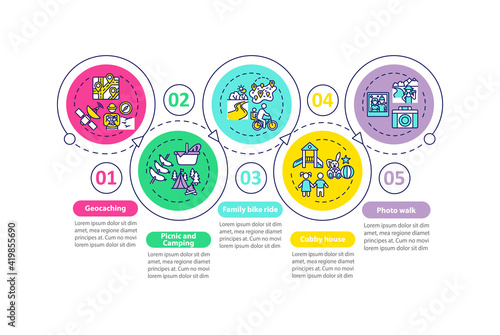 Outdoor family activities vector infographic template. Picnic and camping presentation design elements. Data visualization with 5 steps. Process timeline chart. Workflow layout with linear icons