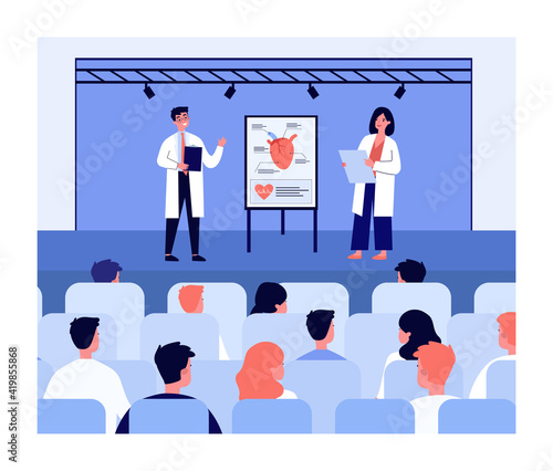 Doctors presenting new treatment for heart disease before audience. Flip chart with human heart and heart beats. Vector illustration. Healthcare or cardiology concept for banner, website, landing page