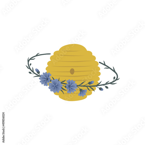 Floral cosmic beehive planet vector illustration isolated on white background. Decorative whimsical Saturn hive with bloomy rings design. Bee universe clipart.