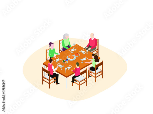 Three generation family dinner 3D isometric vector concept for banner, website, illustration, landing page, flyer, etc