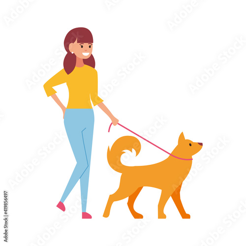 Professional dog walking. A man walks with a pet. Vector illustration isolated on white background