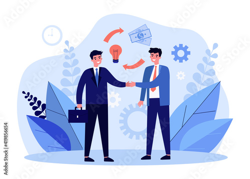 Business partners shaking hands. Business agreement, startup, money. Flat vector illustration. Cooperation, investments concept for banner, website design or landing web page