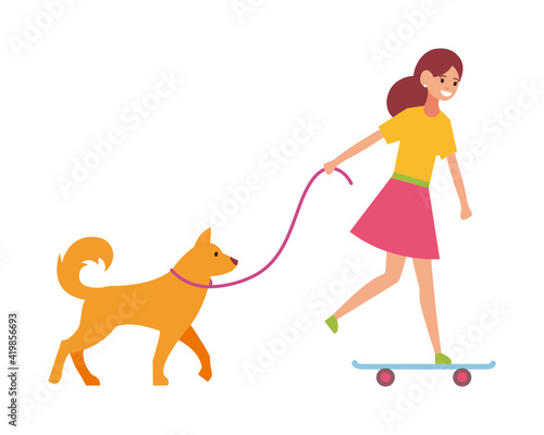 Professional dog walking. A man walks with a pet. Vector illustration isolated on white background