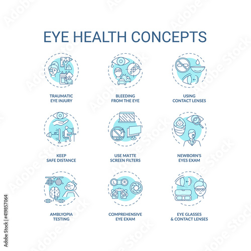 Eye health concept icons set. Traumatic eye injury types. Blood from body organs. Use matte screen filters idea thin line RGB color illustrations. Vector isolated outline drawings. Editable stroke