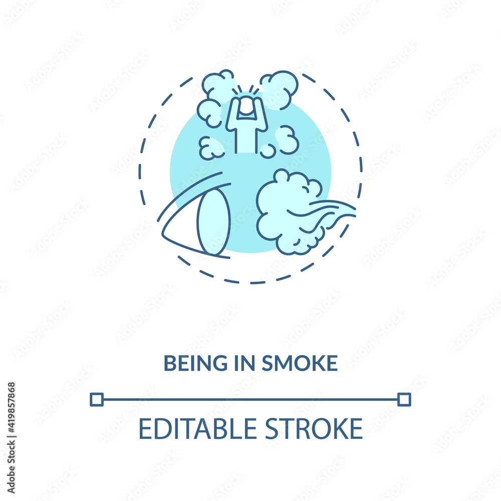 Being in smoke concept icon. Dry eye causes. Suffer from eye damaging from fire spreading smoke idea thin line illustration. Vector isolated outline RGB color drawing. Editable stroke Being in smoke concept icon. Dry eye causes. Suffer from eye damaging from fire spreading smoke idea thin line illustration. Vector isolated outline RGB color drawing. Editable stroke