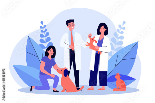 Vet doctor and his assistant examining dogs and cat. Flat vector illustration. Veterinary clinic, healthcare service, medical center for domestic animals concept for banner, website, landing page