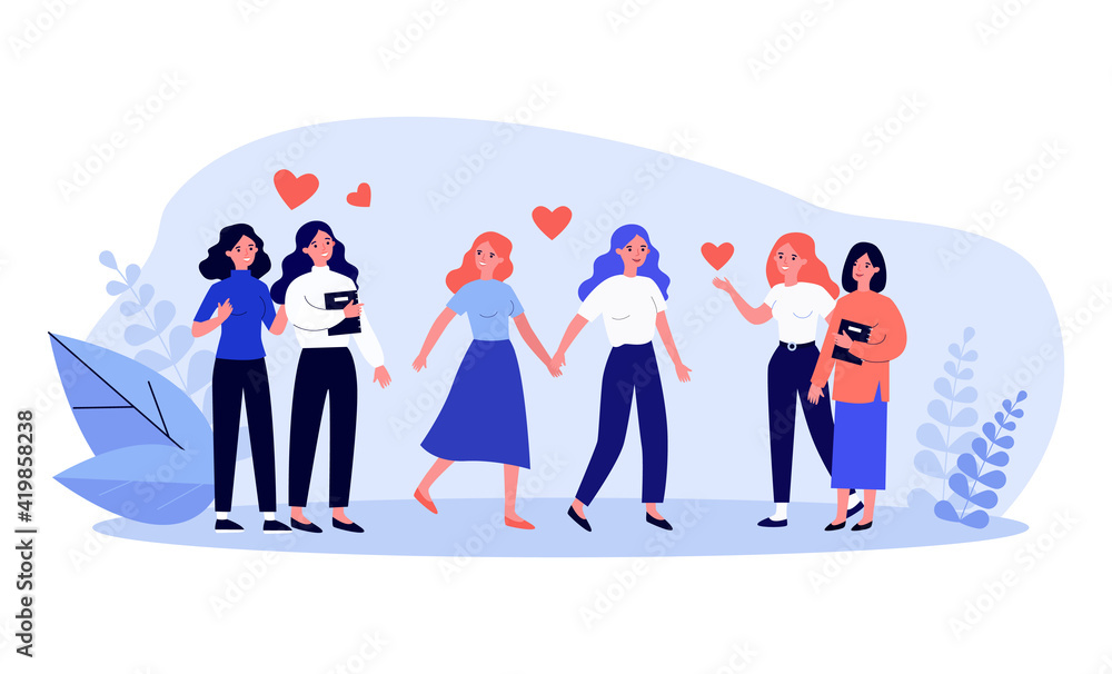 Happy female couples in love. Lesbian girls enjoying meeting flat vector illustration. Homosexual relationships, love and positive emotion concept for banner, website design or landing web page Happy female couples in love. Lesbian girls enjoying meeting flat vector illustration. Homosexual relationships, love and positive emotion concept for banner, website design or landing web page