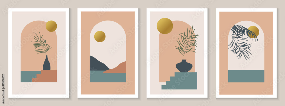 Abstract contemporary aesthetic background with arch, landscape, sea, mountains, golden Sun. Boho Design for posters, postcards, print, wall decor. Mid century modern minimalist art.