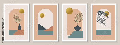 Abstract contemporary aesthetic background with arch, landscape, sea, mountains, golden Sun. Boho Design for posters, postcards, print, wall decor. Mid century modern minimalist art.