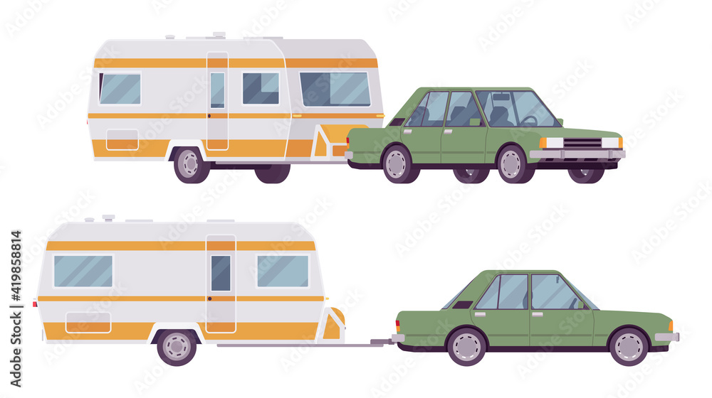 Camper pick up sedan car with wagon for family camping trip. Vehicle, transport and sleeping accommodation, traveling motor home. Vector flat style cartoon illustration isolated on white background