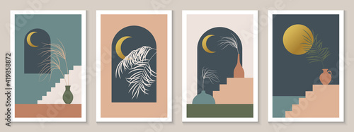 Contemporary aesthetic background with arch, night landscape, sea, mountains, golden moon. Tropical floral design. Bohemian Minimal vector illustration set, poster, wall art, print, cover.