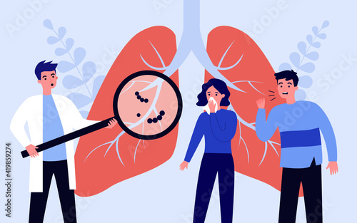Doctor with magnifier finding lung disease in patients. Examination, illness, pneumonia. Flat vector illustration. Pulmonology, healthcare concept for banner, website design or landing web page