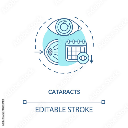 Cataracts concept icon. Adults eyes diseases. Cloudy area in eye that leads to decrease in vision quality idea thin line illustration. Vector isolated outline RGB color drawing. Editable stroke