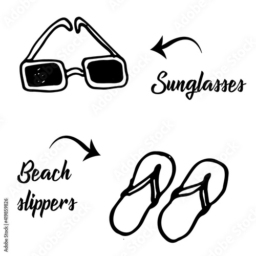Vector hand drawn beach icons of beach slippers flip flops and sunglasses