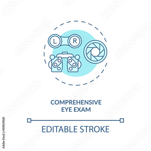 Comprehensive eye exam concept icon. Eye health tips. Measurements how clearly and good each eye is seeing idea thin line illustration. Vector isolated outline RGB color drawing. Editable stroke