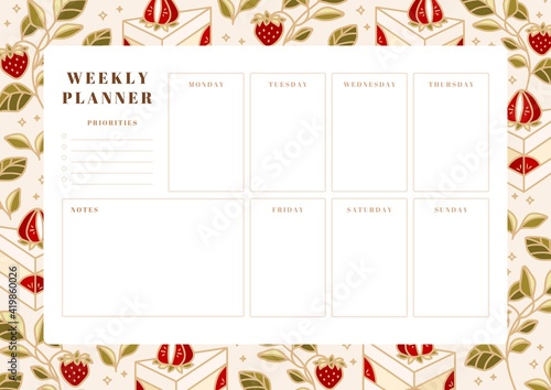Set of weekly planner, monthly planner, school scheduler templates with hand drawn cake, floral, and strawberry elements