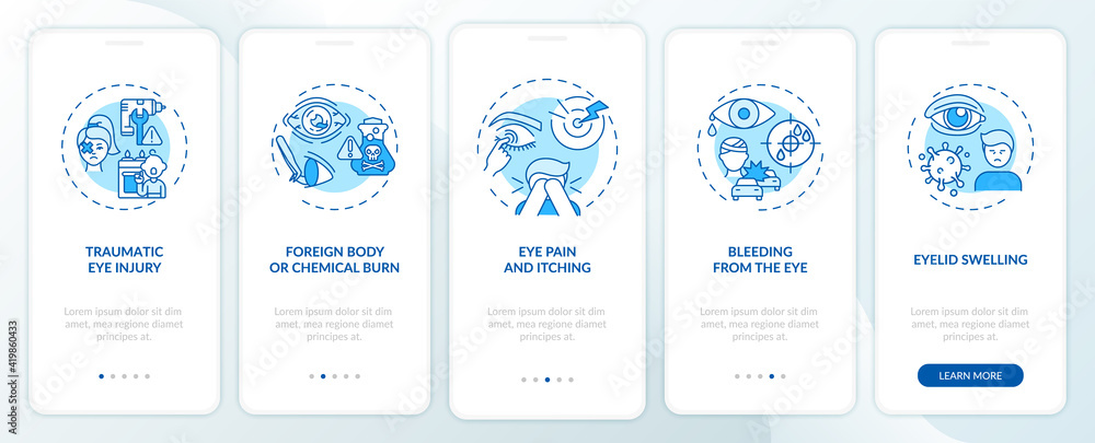 Emergency eye exam reasons onboarding mobile app page screen with concepts. Foreign body or chemical burn walkthrough 5 steps graphic instructions. UI vector template with RGB color illustrations
