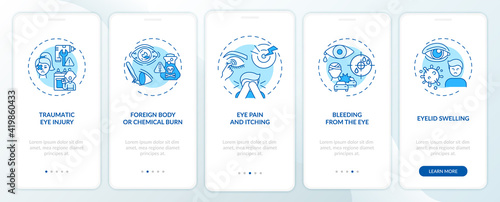 Emergency eye exam reasons onboarding mobile app page screen with concepts. Foreign body or chemical burn walkthrough 5 steps graphic instructions. UI vector template with RGB color illustrations