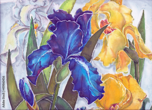 Watercolor painting of flowers iris. Batik illustration.
