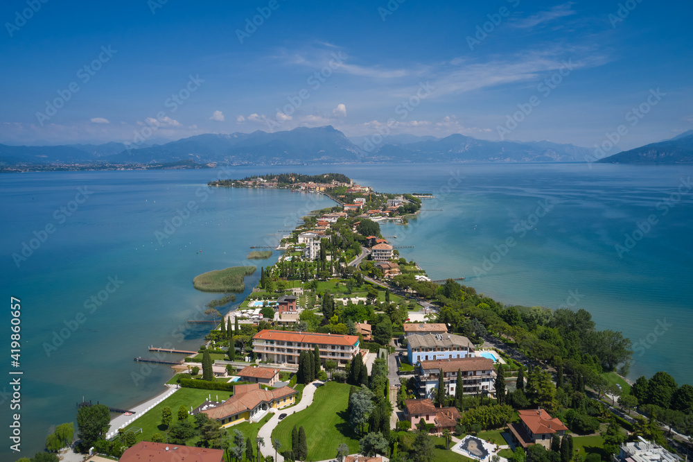 Morning panoramic aerial view of Sirmione, Lake Garda, Italy