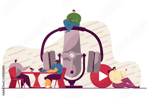 Happy tiny people sitting and listening radio podcast isolated flat vector illustration. Cartoon man and woman with headsets talking on interview. sound technology and online broadcasting concept