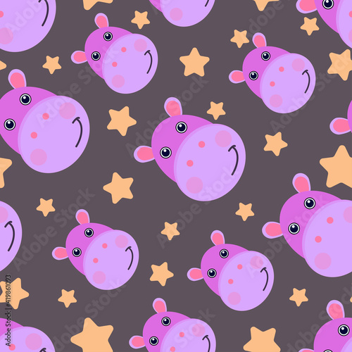 Cute hippo and stars, seamless pattern of a hippopotamus. For children's textiles, clothes