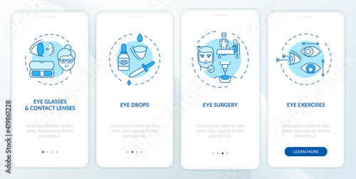 Eye diseases treatment methods onboarding mobile app page screen with concepts. Eye drops for dry eyes walkthrough 4 steps graphic instructions. UI vector template with RGB color illustrations