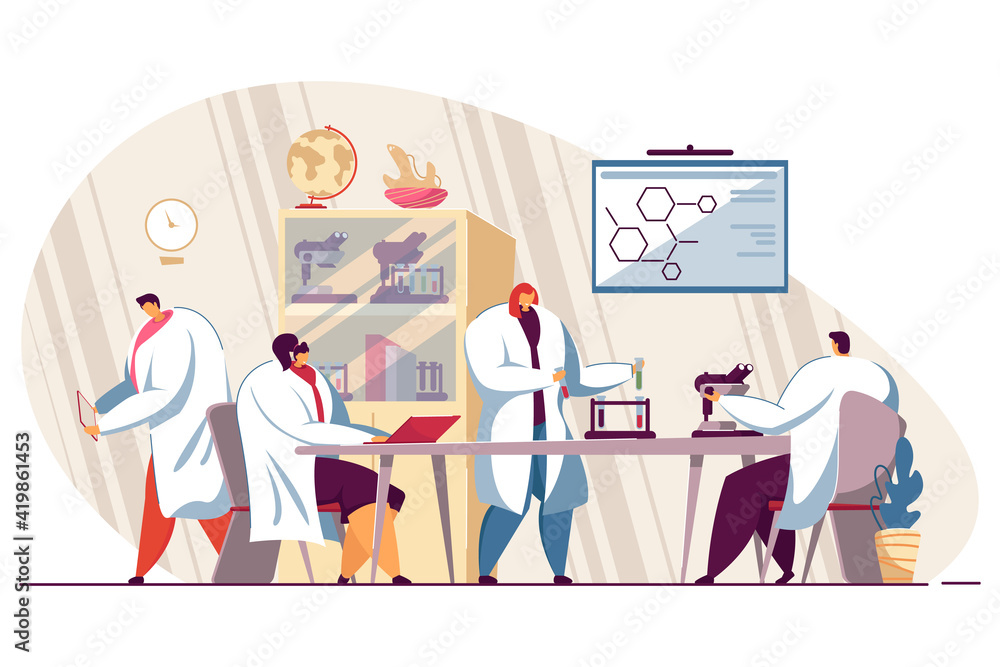 Fototapeta premium Happy group of medical students in lab isolated flat vector illustration. Cartoon scientists conducting research or chemical tests. Chemistry, medicine and science concept