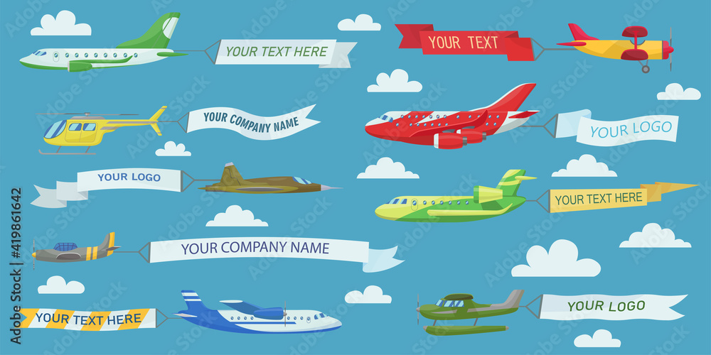 Creative planes flying with advertising banners flat illustration set. Cartoon aircrafts, airplanes and biplanes with ribbons isolated vector illustrations. Aviation and advertisement concept