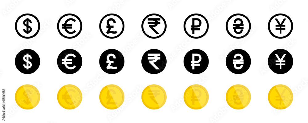 Currency vector icons. World money symbols collection. Currency icons, isolated. Vector illustration Currency vector icons. World money symbols collection. Currency icons, isolated. Vector illustration
