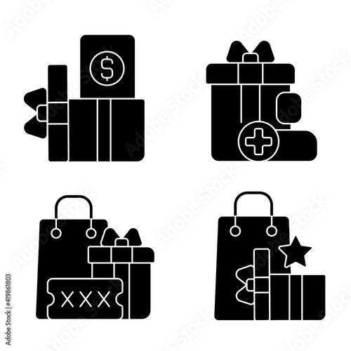 Purchase discounts and cashback black glyph icons set on white space. Discount coupons and promotional codes. Customers spending money and bonuses. Silhouette symbols. Vector isolated illustration