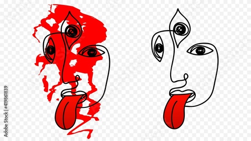 Abstract woman shows tongue. Hindu goddess Kali with third eye and face covered in blood traditional indian religious symbol of tree worship.