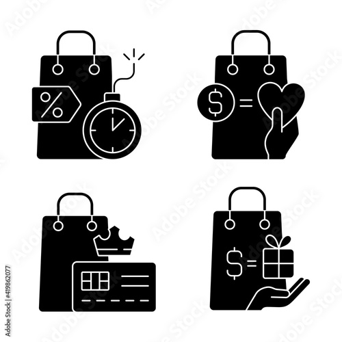 Special gift and reward buyers black glyph icons set on white space. Charity and loyalty programs. Cashback and cost reduction. Buyers and customers. Silhouette symbols. Vector isolated illustration
