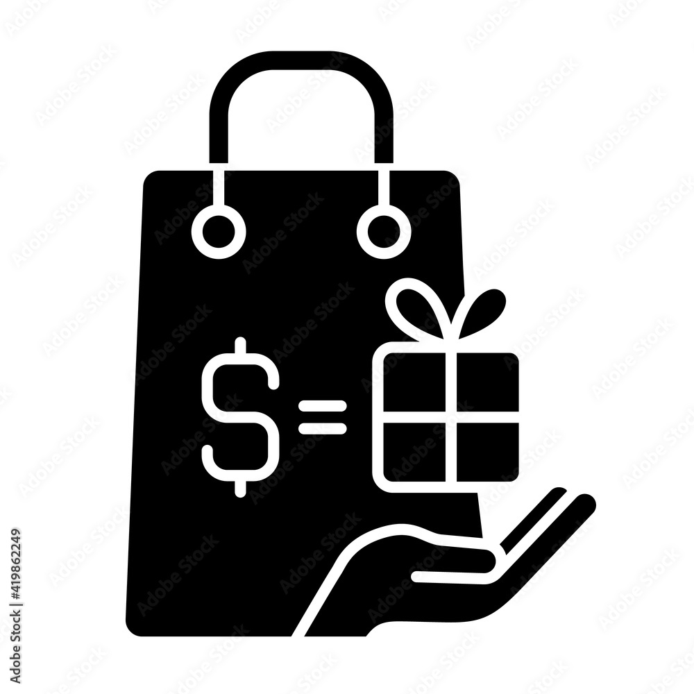 Purchase bonus black glyph icon. Buying things in shops. Doing shopping and getting discounts. Cash back and cost reduction. Silhouette symbol on white space. Vector isolated illustration Purchase bonus black glyph icon. Buying things in shops. Doing shopping and getting discounts. Cash back and cost reduction. Silhouette symbol on white space. Vector isolated illustration