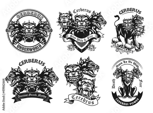 Monochrome emblems with Cerberus vector illustration set. Vintage logotypes with three headed ancient myth dog. Mythology and fantastic creatures concept can be used for stickers and badges photo