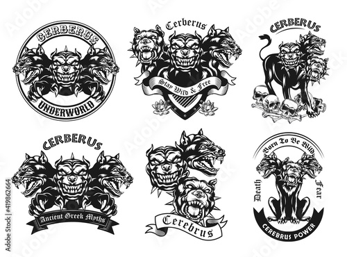 Monochrome emblems with Cerberus vector illustration set. Vintage logotypes with three headed ancient myth dog. Mythology and fantastic creatures concept can be used for stickers and badges