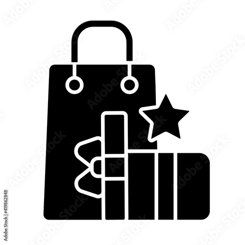 Earn reward points black glyph icon. Customers spending money and getting bonuses. Discounts on purchases and free gifts. Silhouette symbol on white space. Vector isolated illustration