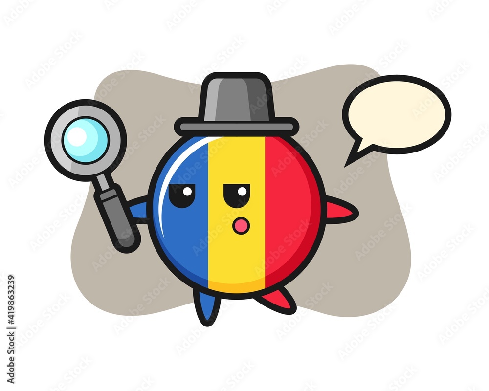 Romania flag badge cartoon character searching with a magnifying glass Romania flag badge cartoon character searching with a magnifying glass