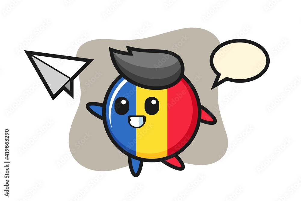 Romania flag badge cartoon character throwing paper airplane