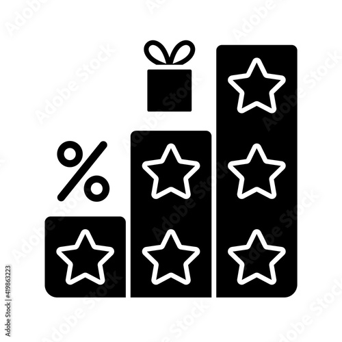 More points and rewards black glyph icon. Tier program. Tiered loyalty program. Purchasing things and getting bonuses. Discounts. Silhouette symbol on white space. Vector isolated illustration