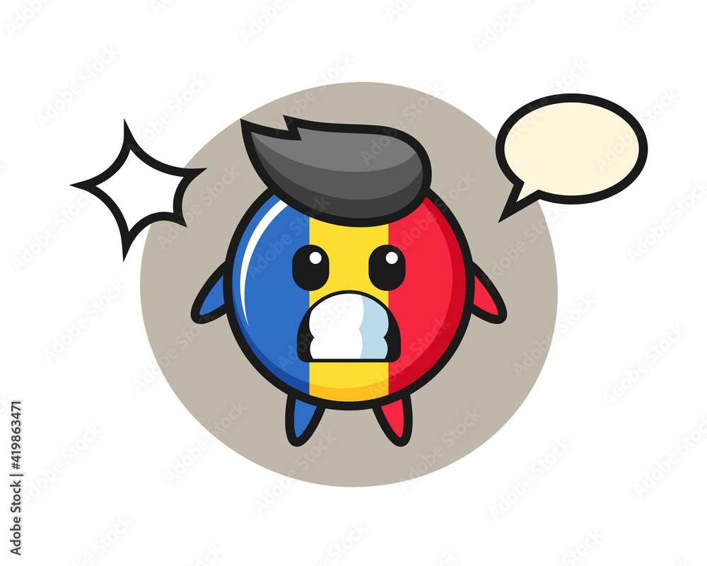 Romania flag badge character cartoon with shocked gesture