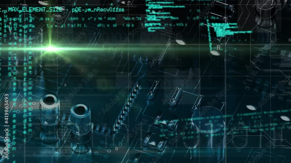 Animation of data processing over close up of computer elements and letters on blue background Animation of data processing over close up of computer elements and letters on blue background