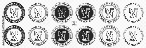 Set of stamps. Labeling - not food grade or non food grade materials. Glass and fork flat icon stamp set. Vector grouped elements.