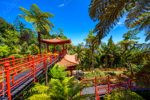 Monte Palace - Tropical Garden with Waterfalls, Lakes and traditional buildings above the city of Funchal - popular tourist destination in Madeira island, Portugal.