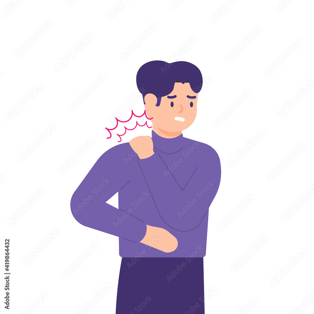 illustration of a man holding his neck because his neck feels stiff and sore. experiencing neck pain, muscle pain, osteoarthritis, pinched nerves, rheumatism, and fibromyalgia. flat style design