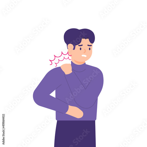 illustration of a man holding his neck because his neck feels stiff and sore. experiencing neck pain, muscle pain, osteoarthritis, pinched nerves, rheumatism, and fibromyalgia. flat style design