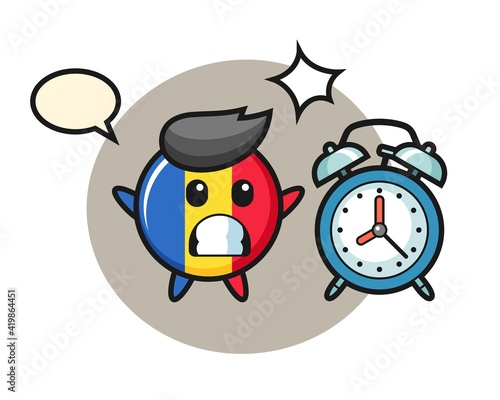 Cartoon illustration of romania flag badge is surprised with a giant alarm clock