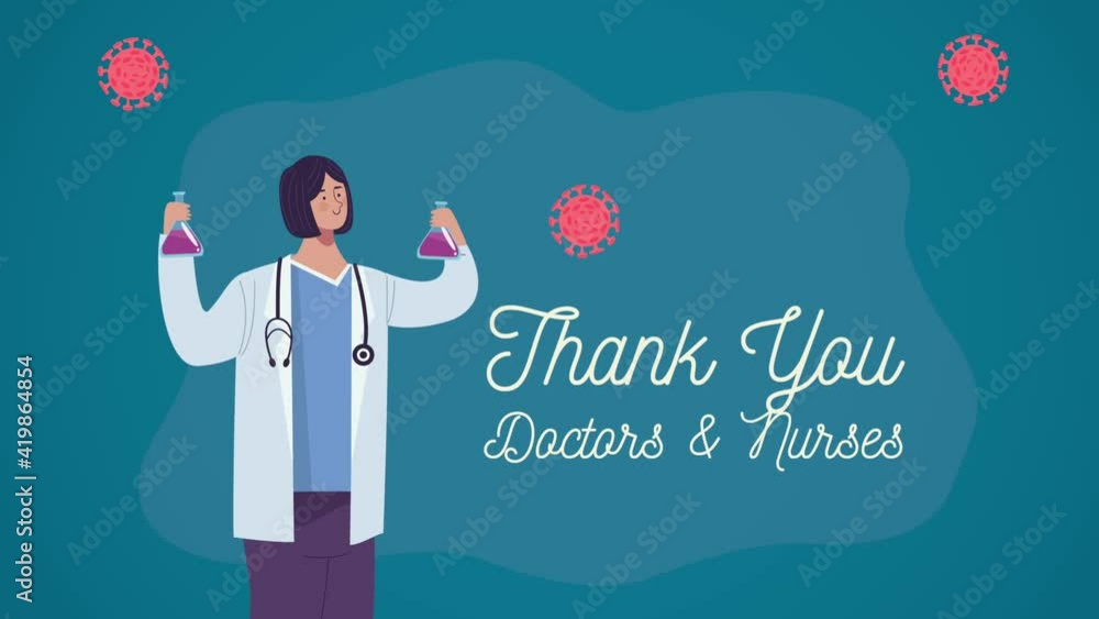 thank you doctors and nurses lettering with female doctor and covid19 ...