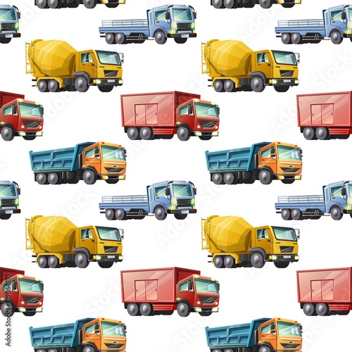 Vector kids cartoon style seamless pattern of colorful construction trucks. On white background.