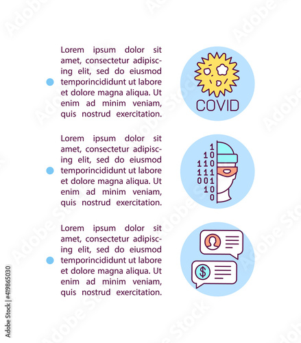 Covid-19 and vishing concept icon with text. Online hacking in quarantine, e banking. Scammers. PPT page vector template. Brochure, magazine, booklet design element with linear illustrations